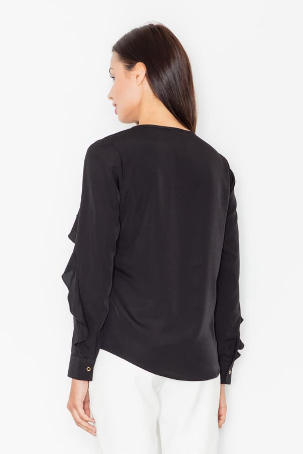 Elegant bluse med flæser, sort M466, størrelse M