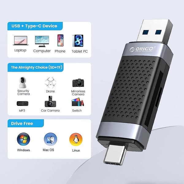 ORICO CD2D-AC2-BK-EP SD/microSD USB-A/USB-C 2.0 minneskortläsare