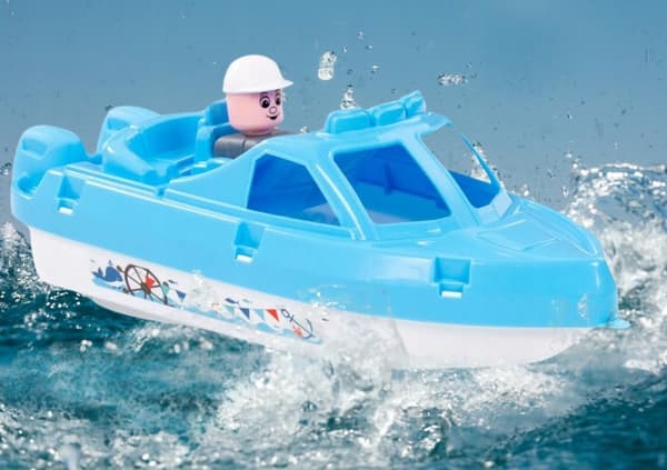 Motorbåd til vandleg, flydende med figur, stor 33 cm