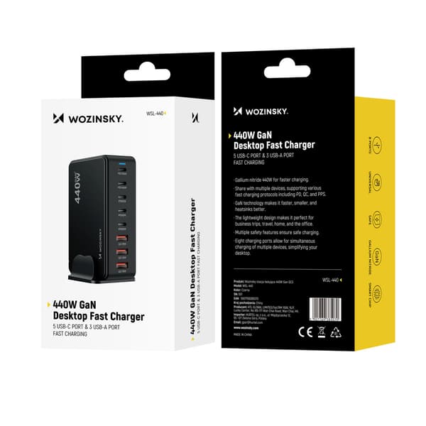 Desktop-opladerstation 3x USB-A 5x USB-C GaN QC3 440W - Sort