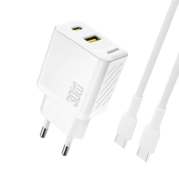 USB-A USB-C väggladdare med USB-C GaN PD 30W kabel - Vit