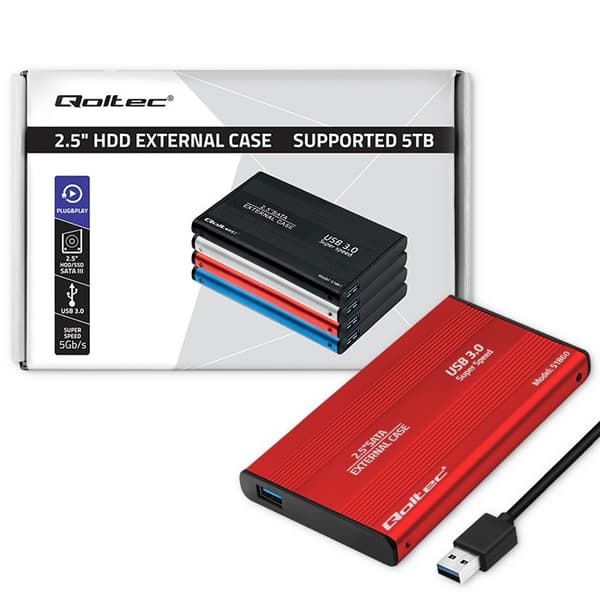 Qoltec-kabinet til HDD/SSD 2,5" SATA3 | USB 3.0 | Rød