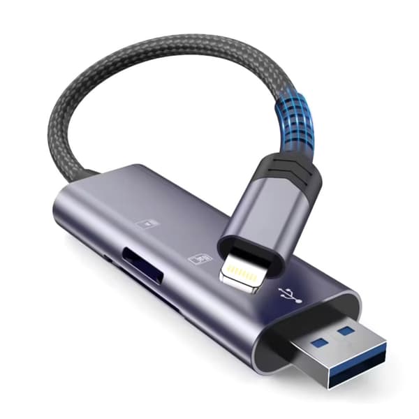 SD/Micro SD-hukommelseskortlæser med iPhone Lightning/USB-A-stik - Grå