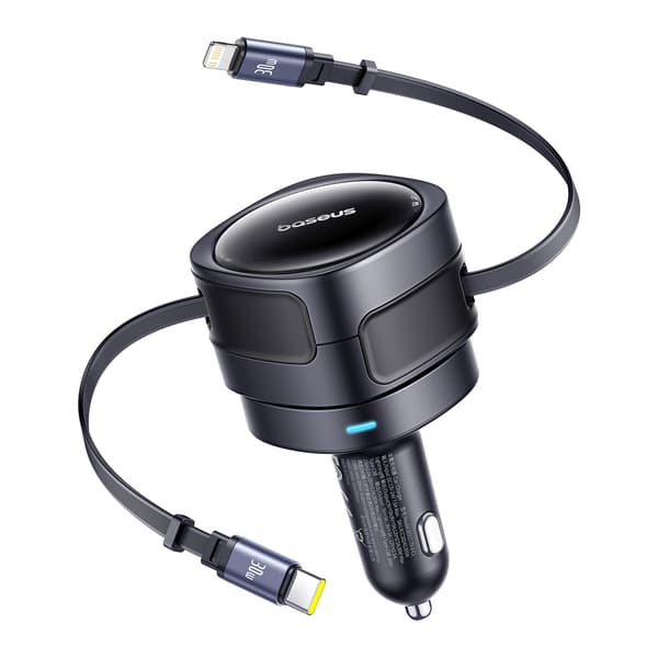 Biloplader med udtrækkelige USB-C iPhone Lightning-kabler 60W - Sort