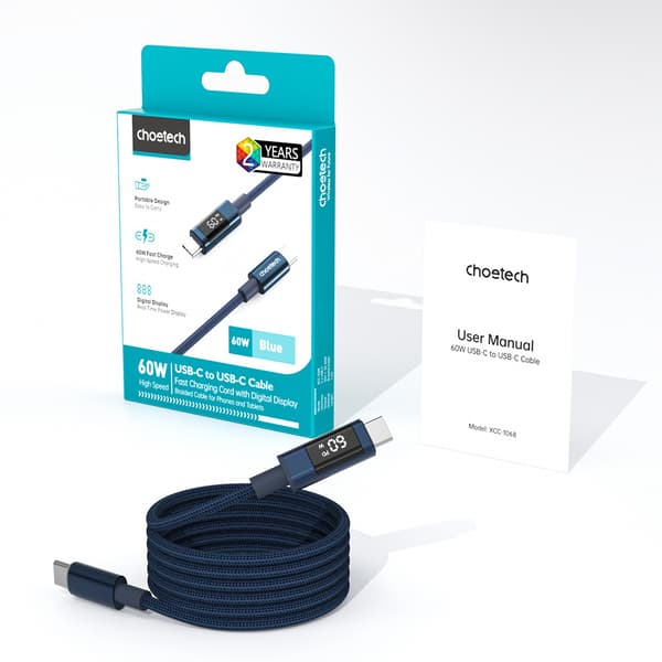 USB-C-kaapeli näytöllä PD 60W 1.2m - Sininen