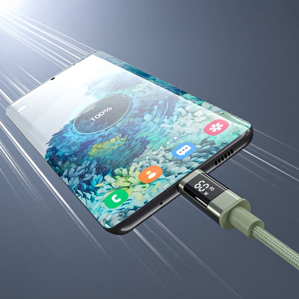 USB-C-kabel med display PD 60W 1,2m - Grøn