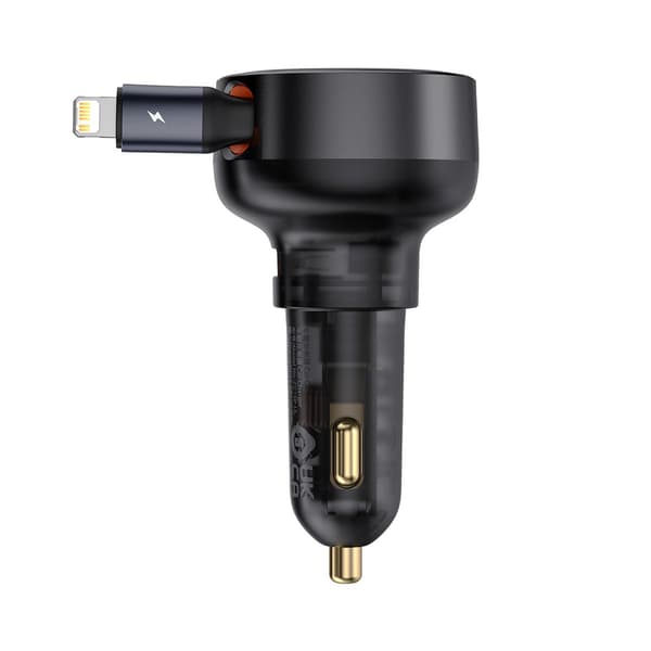 USB-A Biloplader med Udtrækkeligt iPhone Lightning Kabel 55W - Sort