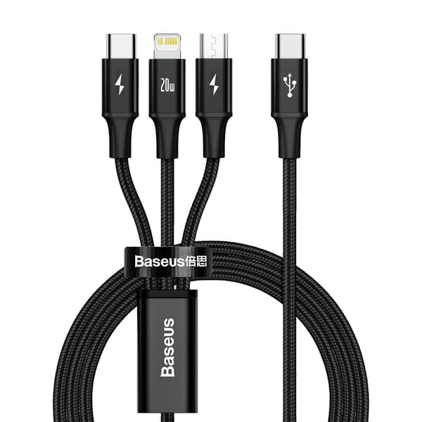 3in1-kaapeli USB-C - USB-C / iPhone Lightning / microUSB 20W PD 1.5m - musta