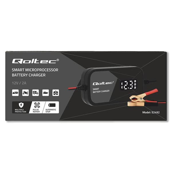Qoltec Smart mikroprocessoroplader 12V | 2A | AGM GEL batterioplader | LCD