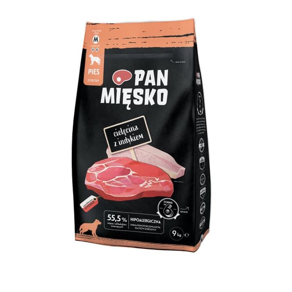 Torrfoder för hundar PAN MIESKO Kalvkött med kalkon M 9 kg