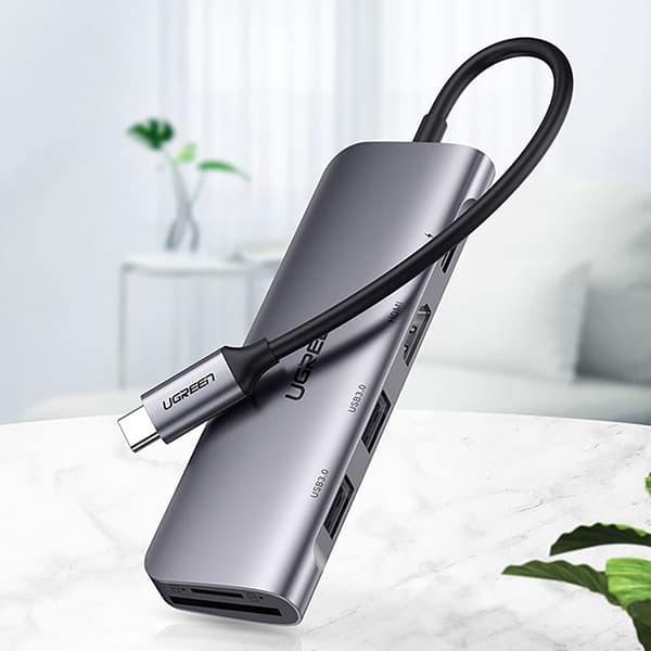 6in1 HUB -sovitin USB-C - HDMI USB-A USB-C PD SD TF -lukija - harmaa
