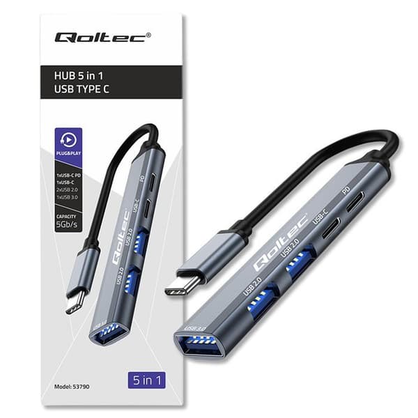Qoltec hub USB-C 3.1 5-i-1 adapter | USB-C PD | USB-C | 2x USB 2.0 | USB 3.0