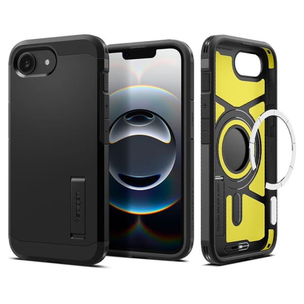 iPhone 16e cover med robust Armor MagSafe-stativ - sort