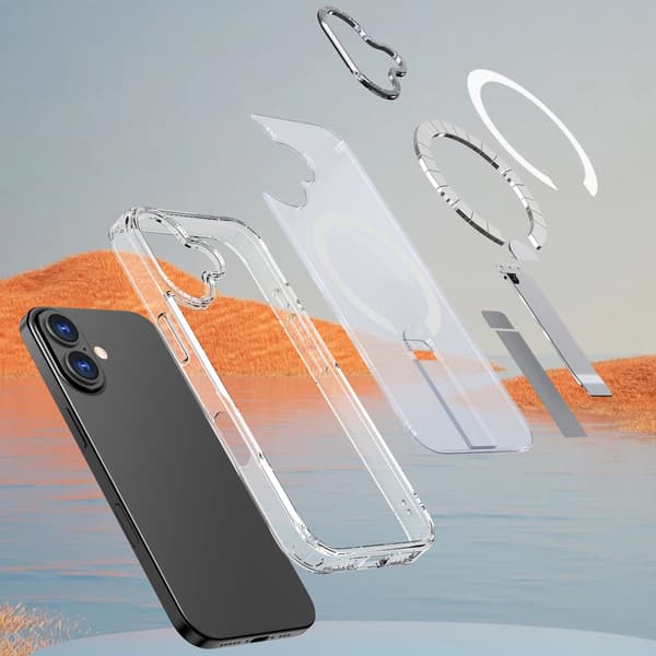 iPhone 17 Hybrid Armor X MagSafe -kotelo jalustalla - läpinäkyvä