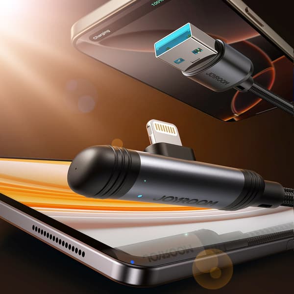 Vinklet USB-A iPhone Lightning 3A Kabel 1,2m - Sort