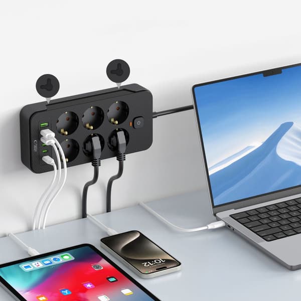 Forlængerledning til strømskinne 6 stikkontakter 240V USB-A USB-C 2m - sort