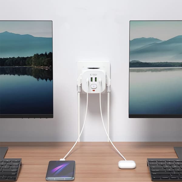 Jatkojohto, USB-A, USB-C, AC, Schuko-tyyppi, valkoinen