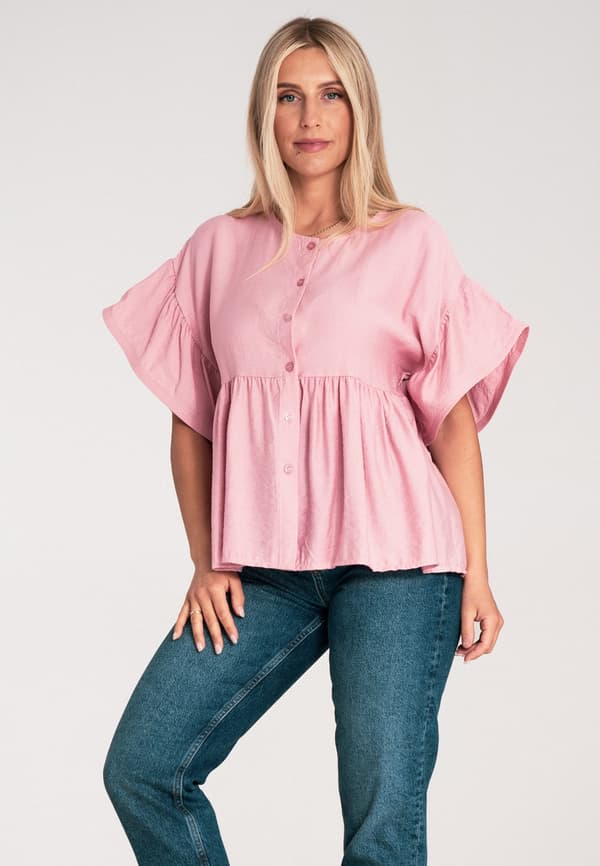 Bluse med flæser - Damebluse - Lyserød bluse M1211 størrelse S/M