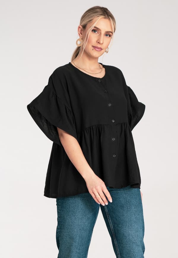 Bluse med flæser - Damebluse - Sort bluse M1211 størrelse S/M
