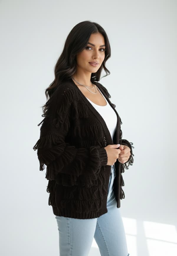 Fransig kofta - Elegant damkofta - Brun M1259 storlek M