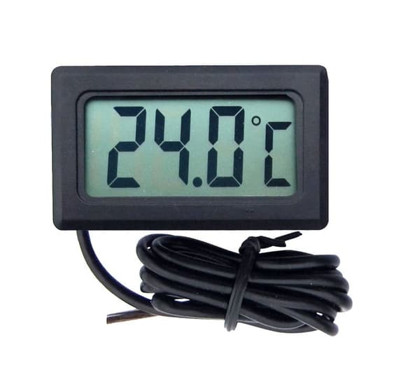 Sort LCD-termometer, fra -50°C til 100°C.