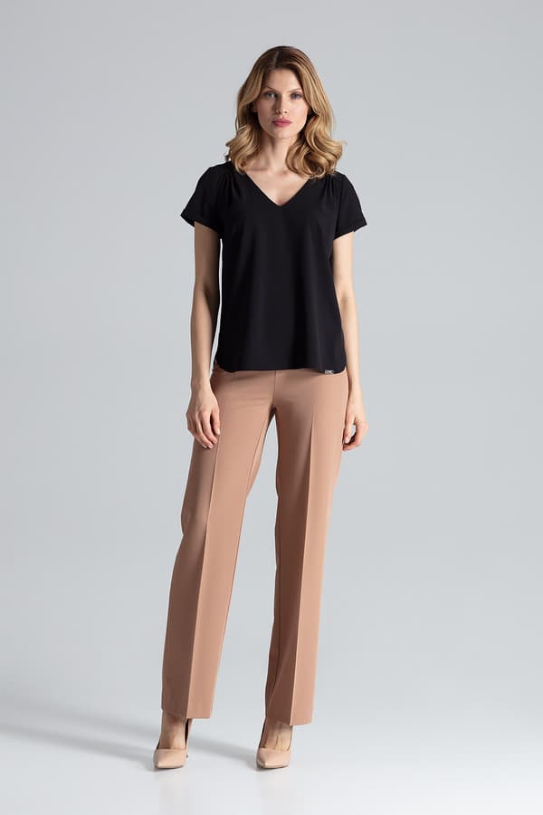 Enkel damebluse med V-hals, sort, størrelse M