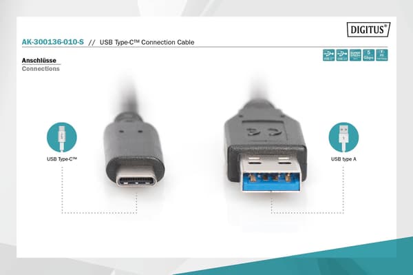 DIGITUS SuperSpeed ​​​​USB 3.0-kabel Typ USB A/USB C M/M Svart 1m