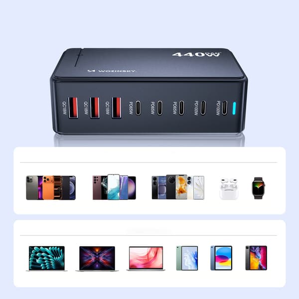 Desktop-opladerstation 3x USB-A 5x USB-C GaN QC3 440W - Sort