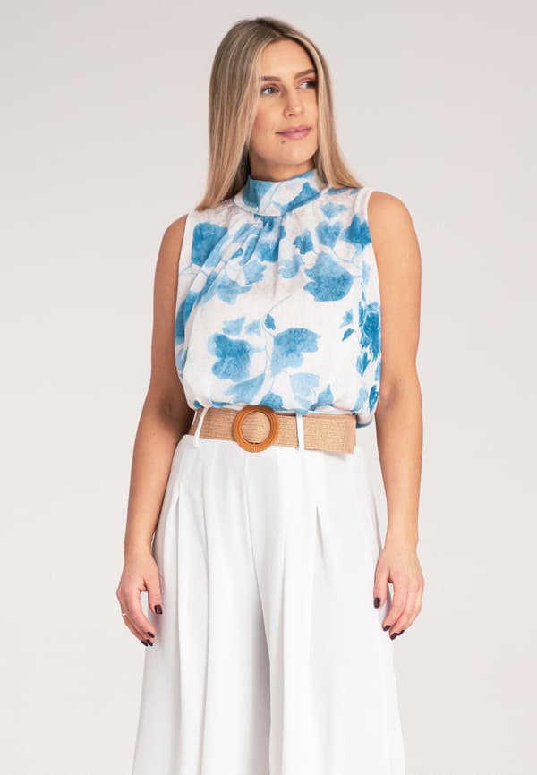 Elegant ærmeløs bluse - Elegant blomsterbluse - Blå bluse størrelse S/M