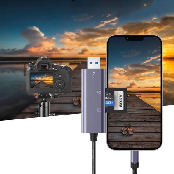 SD/Micro SD-hukommelseskortlæser med iPhone Lightning/USB-A-stik - Grå