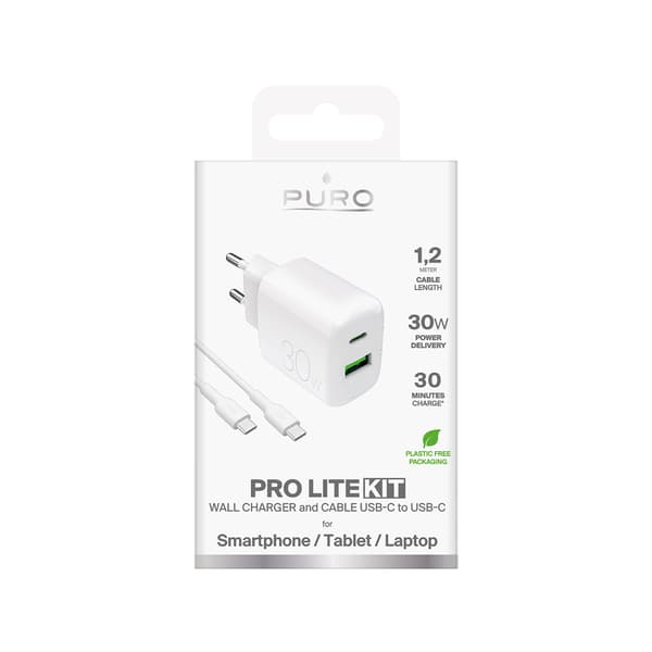 USB-A USB-C vægoplader med 30W 1,2m USB-C kabel - Hvid