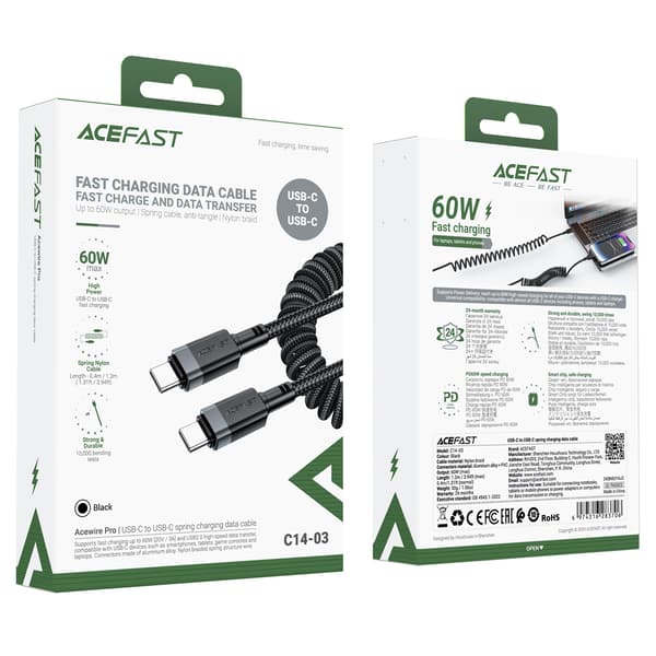 USB-C spiralkabel - USB-C 480Mb/s 3A 1,2m - svart