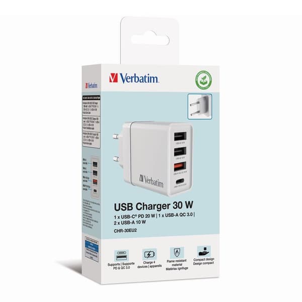 Verbatim Väggladdare 1xUSB-C PD 20W 1xUSB-A QC 3.0 2xUSB-A 10W EU Vit