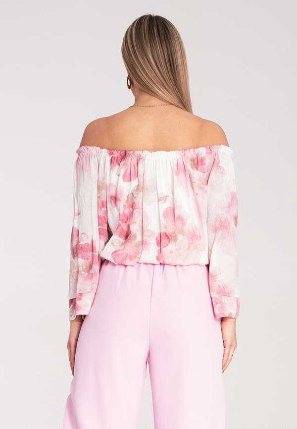 Blommig blus med puffärmar rosa S/M