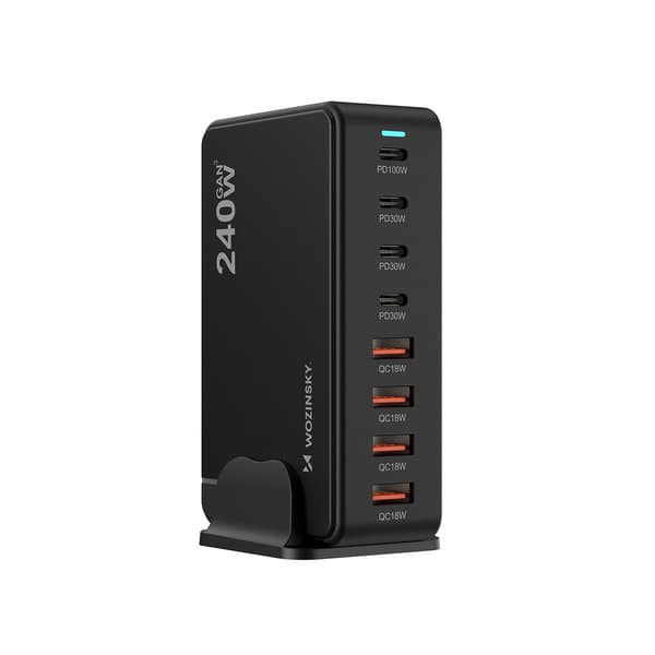 Desktop-opladerstation 4x USB-A 4x USB-C GaN QC3 240W - Sort