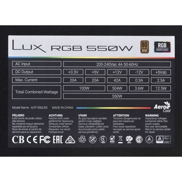 AEROCOOL PGS LUX RGB 550W virtalähde