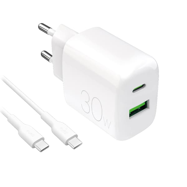 USB-A USB-C vægoplader med 30W 1,2m USB-C kabel - Hvid