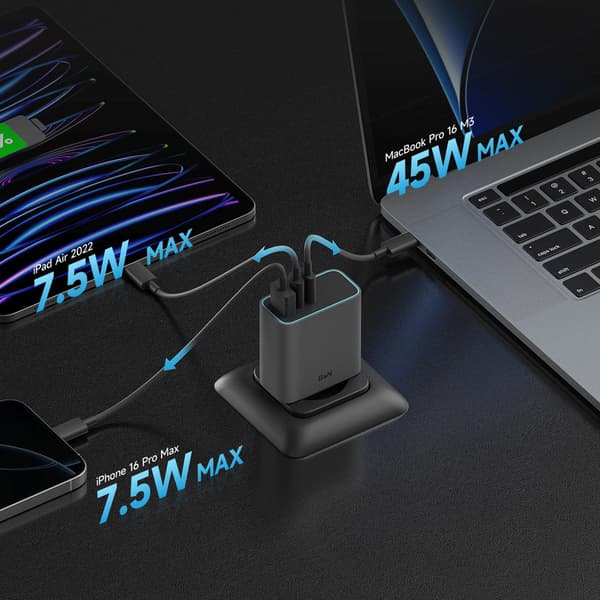 USB-C USB-A GaN 65W seinälaturi - harmaa