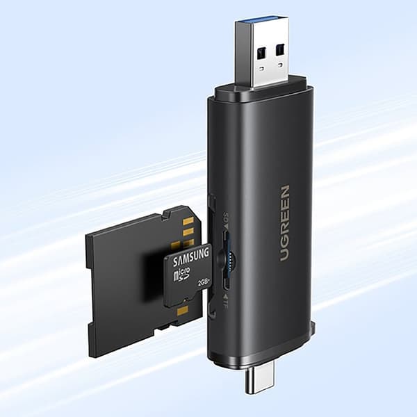2-i-1 SD microSD USB-C USB-A UHS-II hukommelseskortlæser - sort