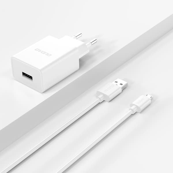 USB-A 2.1A vægoplader + USB-A - microUSB-kabel - hvid