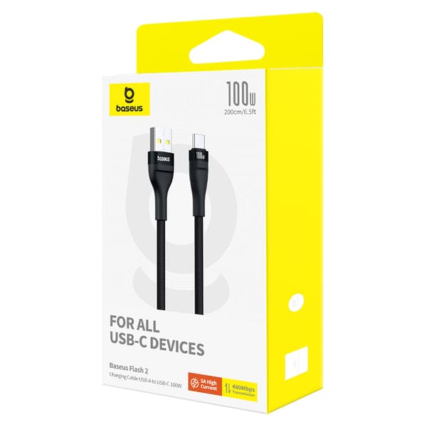 Flash 2 USB-A - USB-C 100W 2m kabel - Svart
