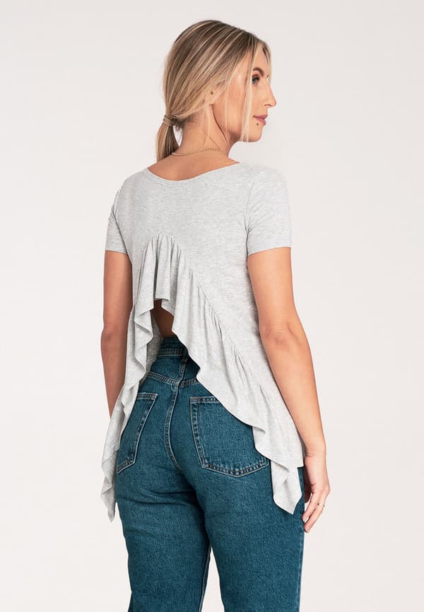 Elegant asymmetrisk bluse med volanger - lysegrå - størrelse M