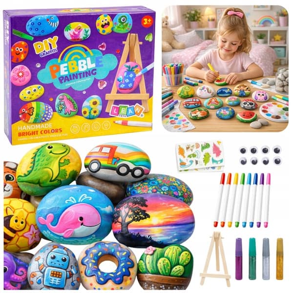 Tee-se-itse-luomispakkaus: maalauskiviä, tusseja, glitterliimaa