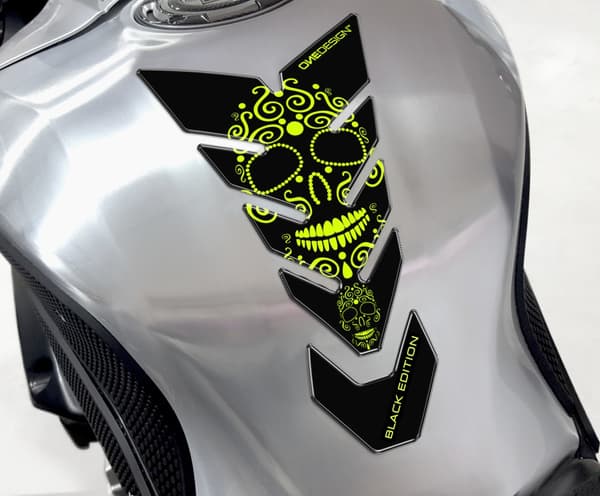 ONEDESIGN Tankpad sort EDITION skull 2 ​​​​fluorescerende gul