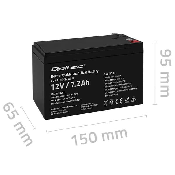 Qoltec 12 V AGM-akku | 7,2 Ah
