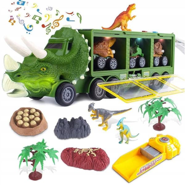 Dinosaurielastbil med bilar, lastbilar, släpvagnar, 1300A