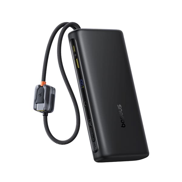 Powerbank 25000mAh 145W med display og indbyggede USB-C kabler - sort