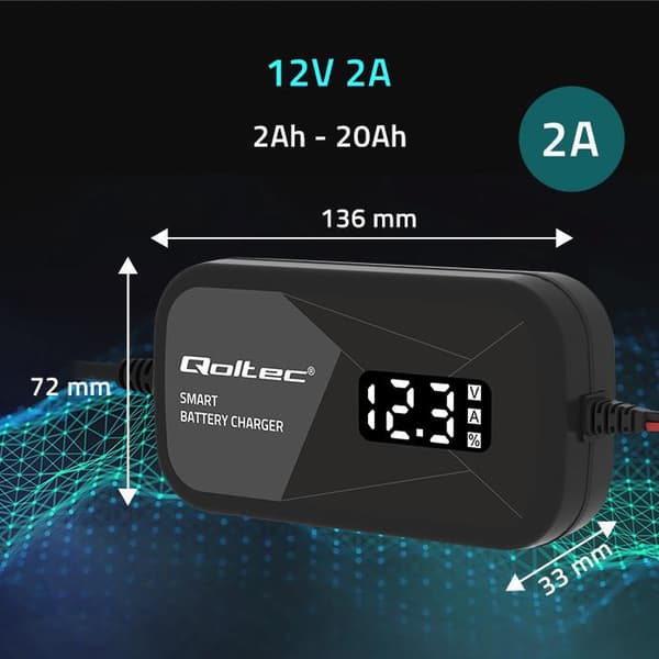 Qoltec Smart mikroprocessoroplader 12V | 2A | AGM GEL batterioplader | LCD