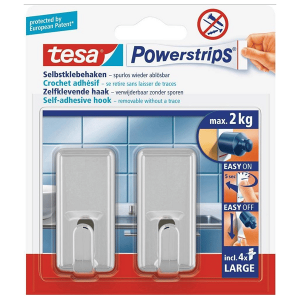 TESA Hook PWS selvklæbende ophæng rektangulær stor op til 2 kg krom 2 stk.