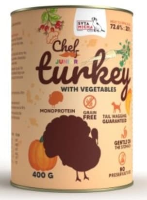 Våtfoder för hundar SYTA MICHA kalkon med grönsaker junior 12x400g